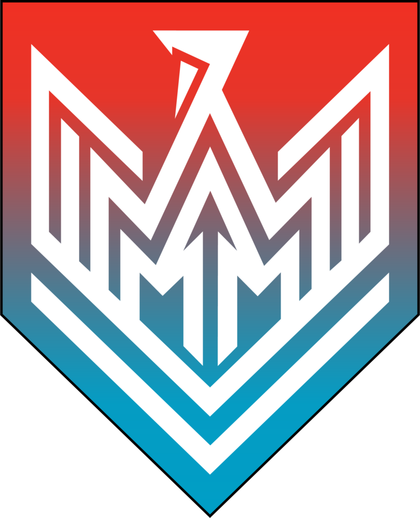 A red, white and blue logo with an arrow in the middle.