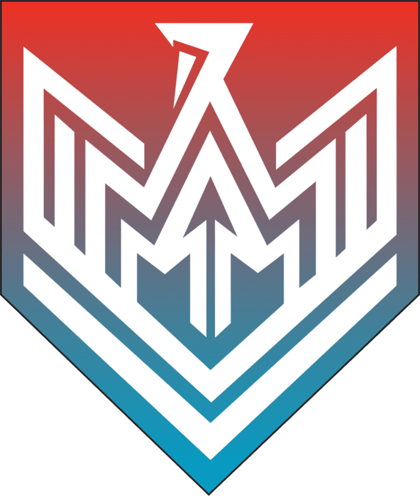 A red, white and blue logo of an arrow.